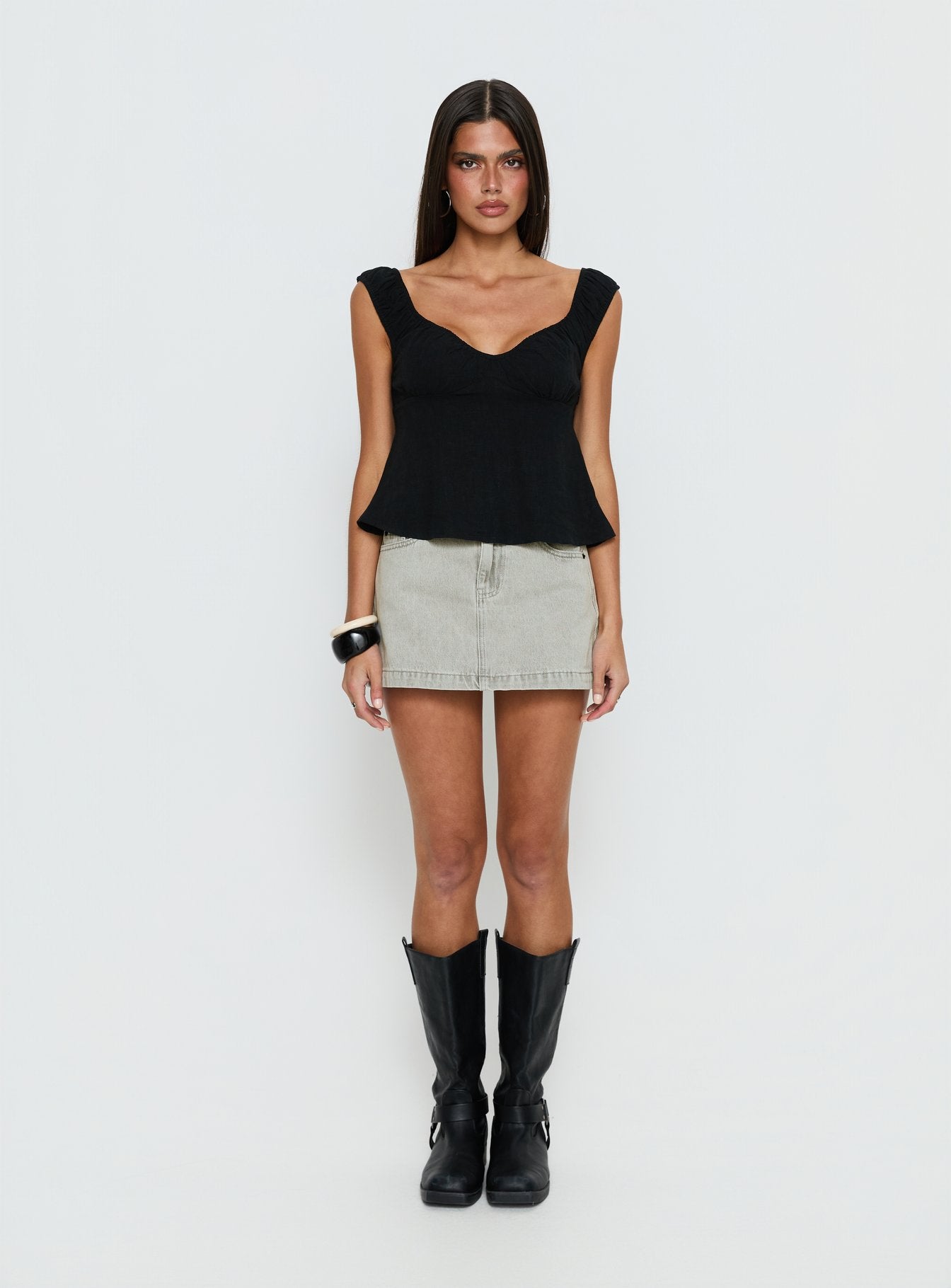   front view of model wearing Princess Polly Nicolina Low Rise Denim Mini Skirt Washed Grey Mini Skirts 