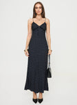 Polka dot maxi dress V neckline, lace detail on bust, invisible zip at side Non-stretch material, fully lined 
