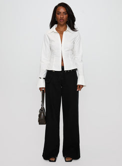 back view of model wearing Princess Polly By The Phone Long Sleeve Collared Top White Full Sleeves V-Neck 