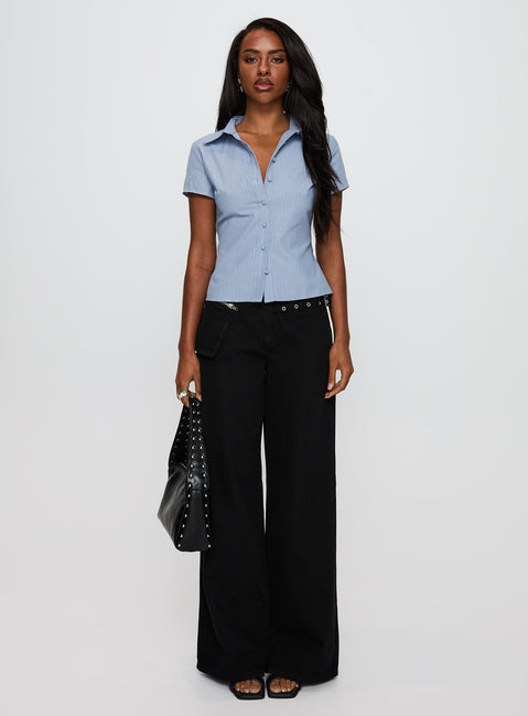 front view of model wearing Princess Polly Lift Off Button Up Top Blue Short Sleeves V-Neck 