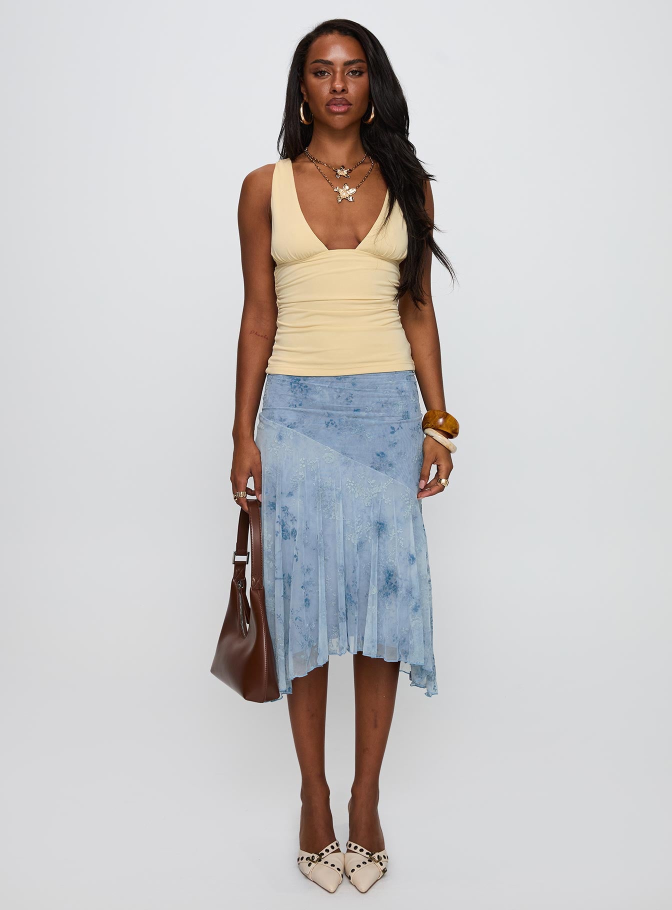 summer midi skirts and dresses AZURIERASilk Floral Midi Skirt Summer Blue A-line Skirt