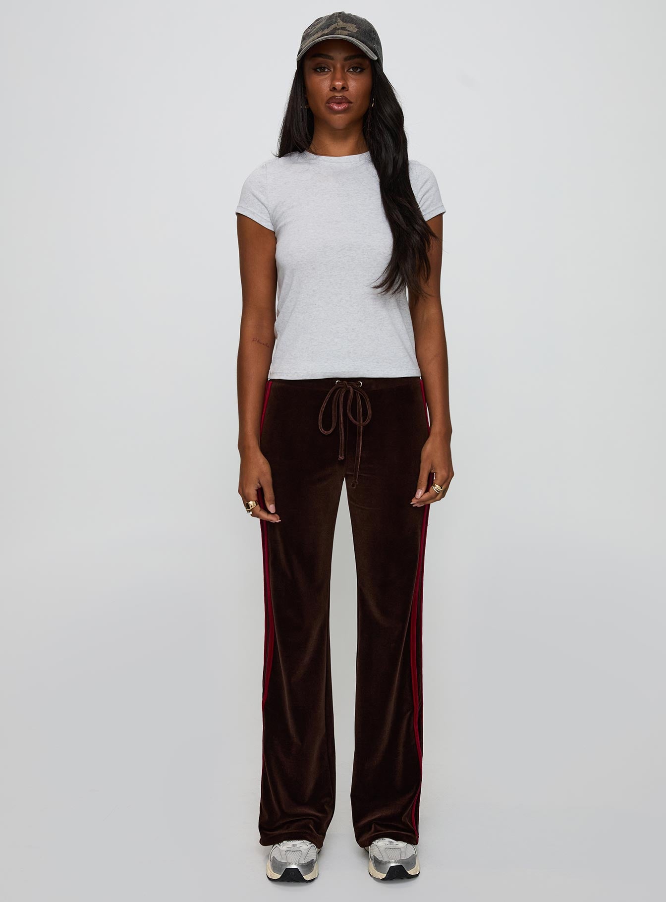 front view of model wearing Princess Polly Prestige Longline Baby Tee Grey Short Sleeves Crew Neck 