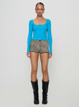 back view of model wearing Princess Polly Daphine Long Sleeve Top Blue Full Sleeves Scoop Neck 