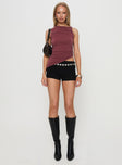 front view of model wearing Princess Polly Azera Cupro Top Burgundy Sleeveless Crew Neck 