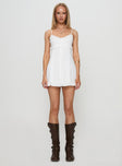 front view of model wearing Princess Polly Missin Frill Mini Dress White Sweetheart Neckline 