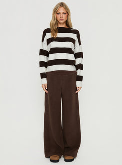 side view of model wearing Princess Polly Corlie Crew Neck Knit Sweater Brown Stripe Cropped Jumpers 