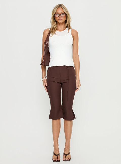 side view of model wearing Princess Polly Giorgie Belted Capri Pant Chocolate Brown High Rise Pants 