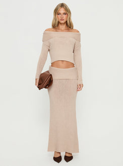   side view of model wearing Princess Polly Devion Foldover Waist Maxi Skirt Beige Maxi Skirts 