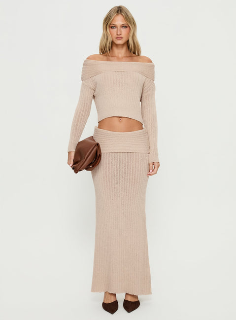   side view of model wearing Princess Polly Devion Foldover Waist Maxi Skirt Beige Maxi Skirts 