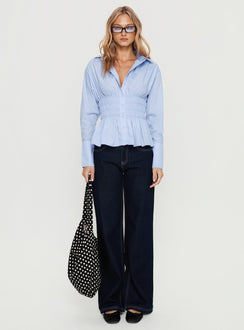 As You Are Shirred Button Up Top Soft Blue