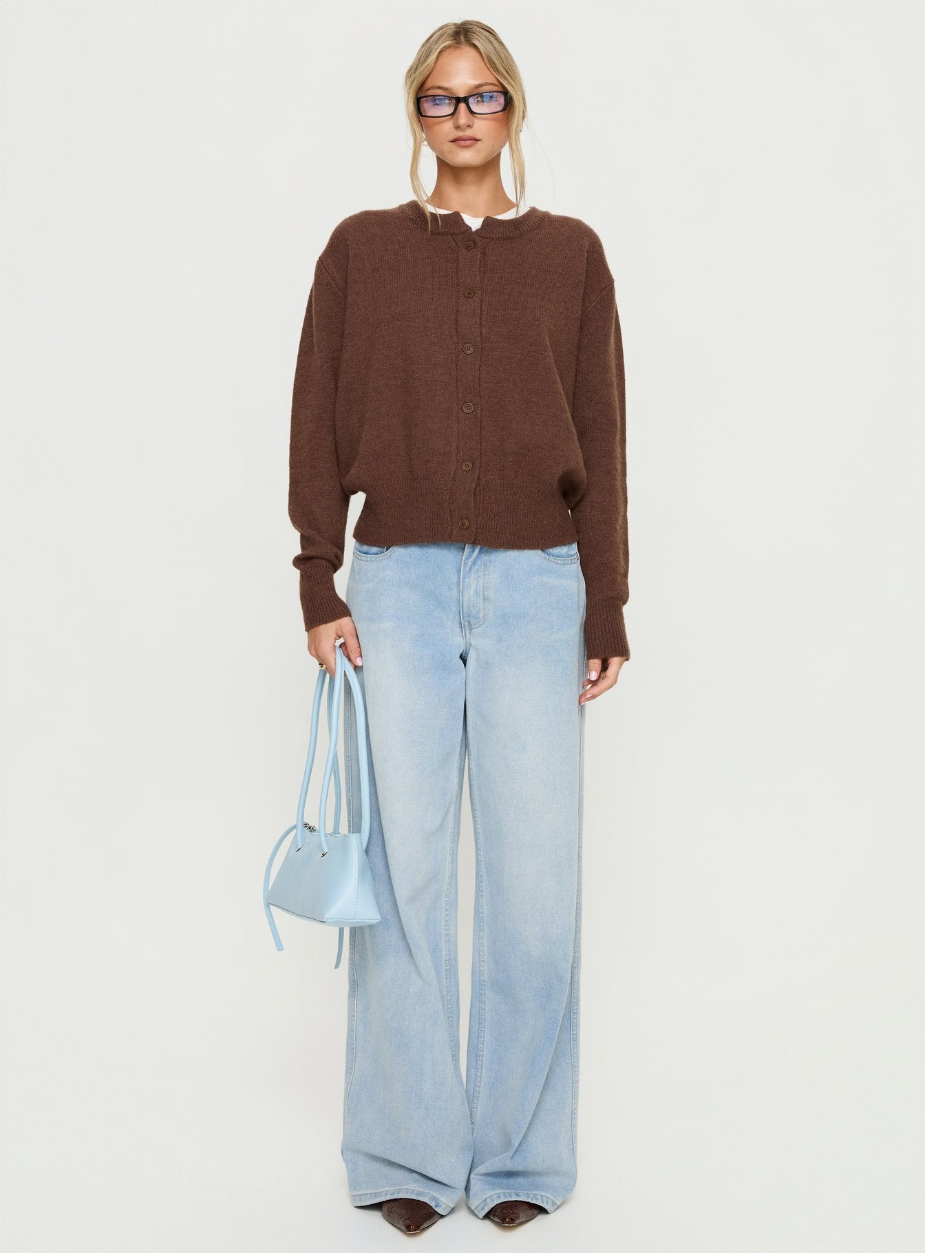 side view of model wearing Princess Polly Melancholia Cardigan Chocolate Longline Jumpers 