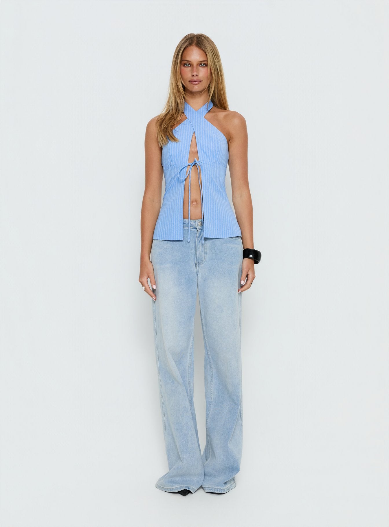 Sensational Cross Front Tie Detail Top Blue Stripe | Princess Polly