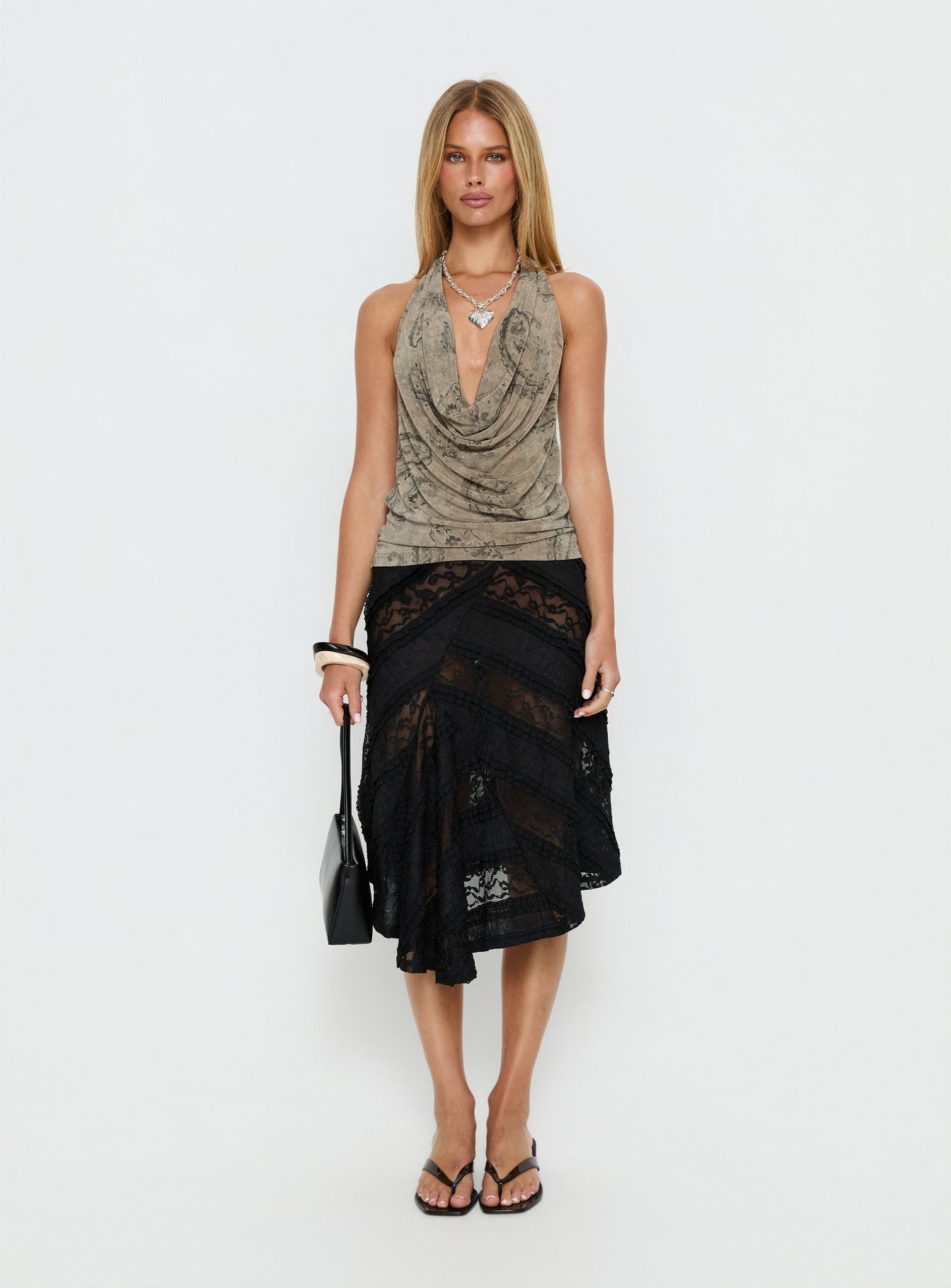 back view of model wearing Princess Polly Constancia Asymmetrical Sheer Midi Skirt Black Midi Skirts 