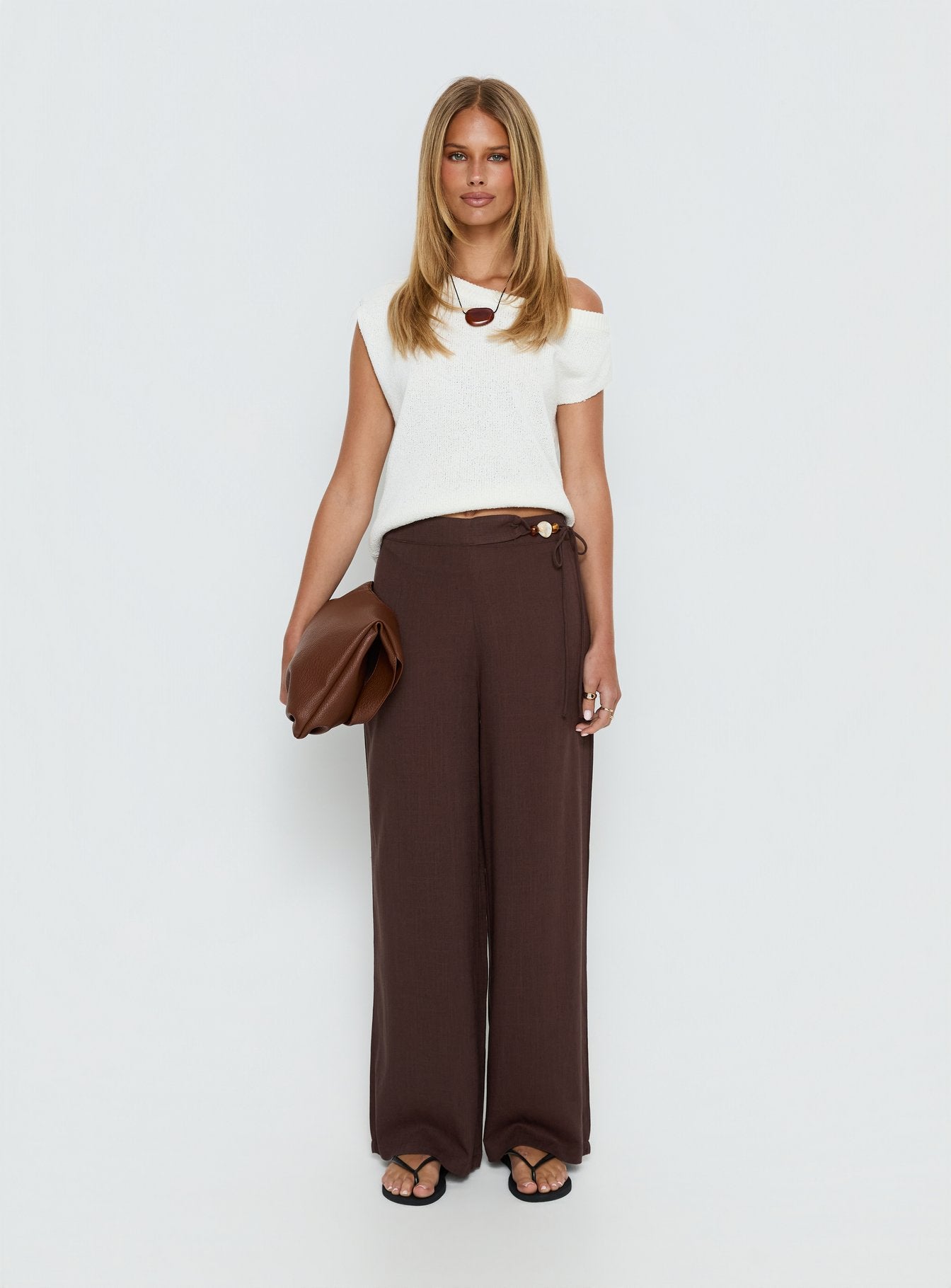front view of model wearing Princess Polly Pine For You Bead Detail Linen Pant Brown High Rise Pants 