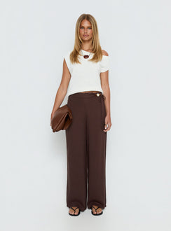 front view of model wearing Princess Polly Pine For You Bead Detail Linen Pant Brown High Rise Pants 