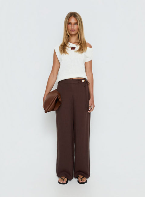 front view of model wearing Princess Polly Pine For You Bead Detail Linen Pant Brown High Rise Pants 