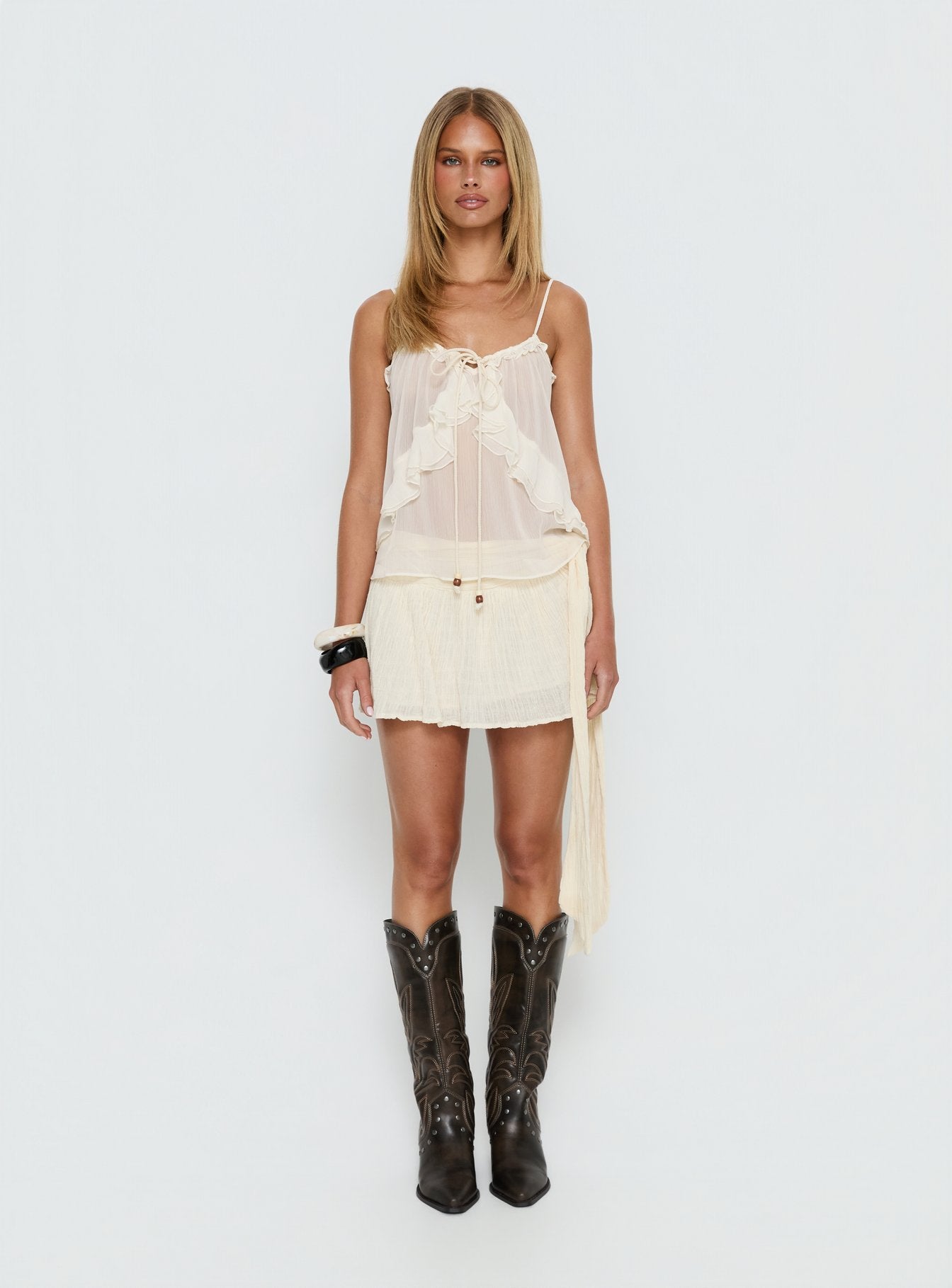 Skinny Dipping Ruffle Sheer Top Cream