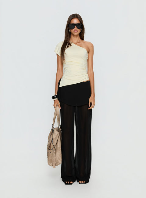 front view of model wearing Princess Polly Jaedon Chiffon Layered Pants Black Mid Rise Pants 