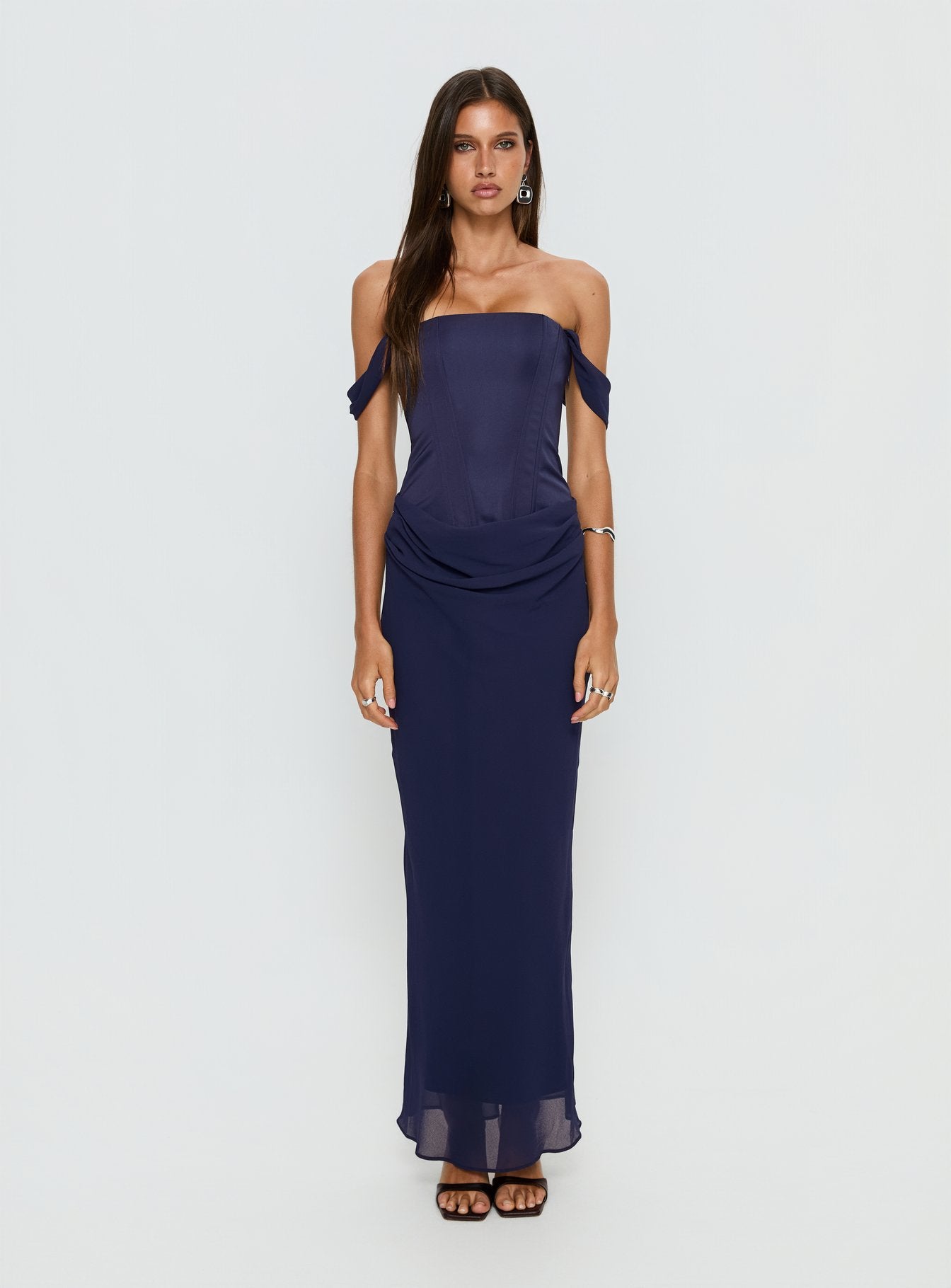 corset ruffle strapless maxi dress in navy Excellent Sensation Navy Strapless Ruffled Maxi Dress