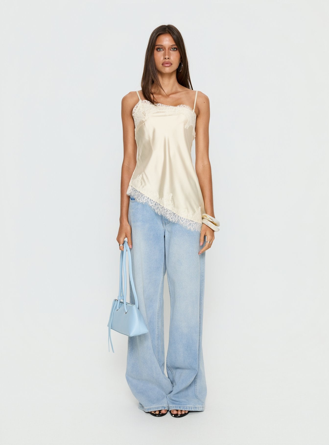 Winta Lace Trim Asymmetrical Satin Top Cream