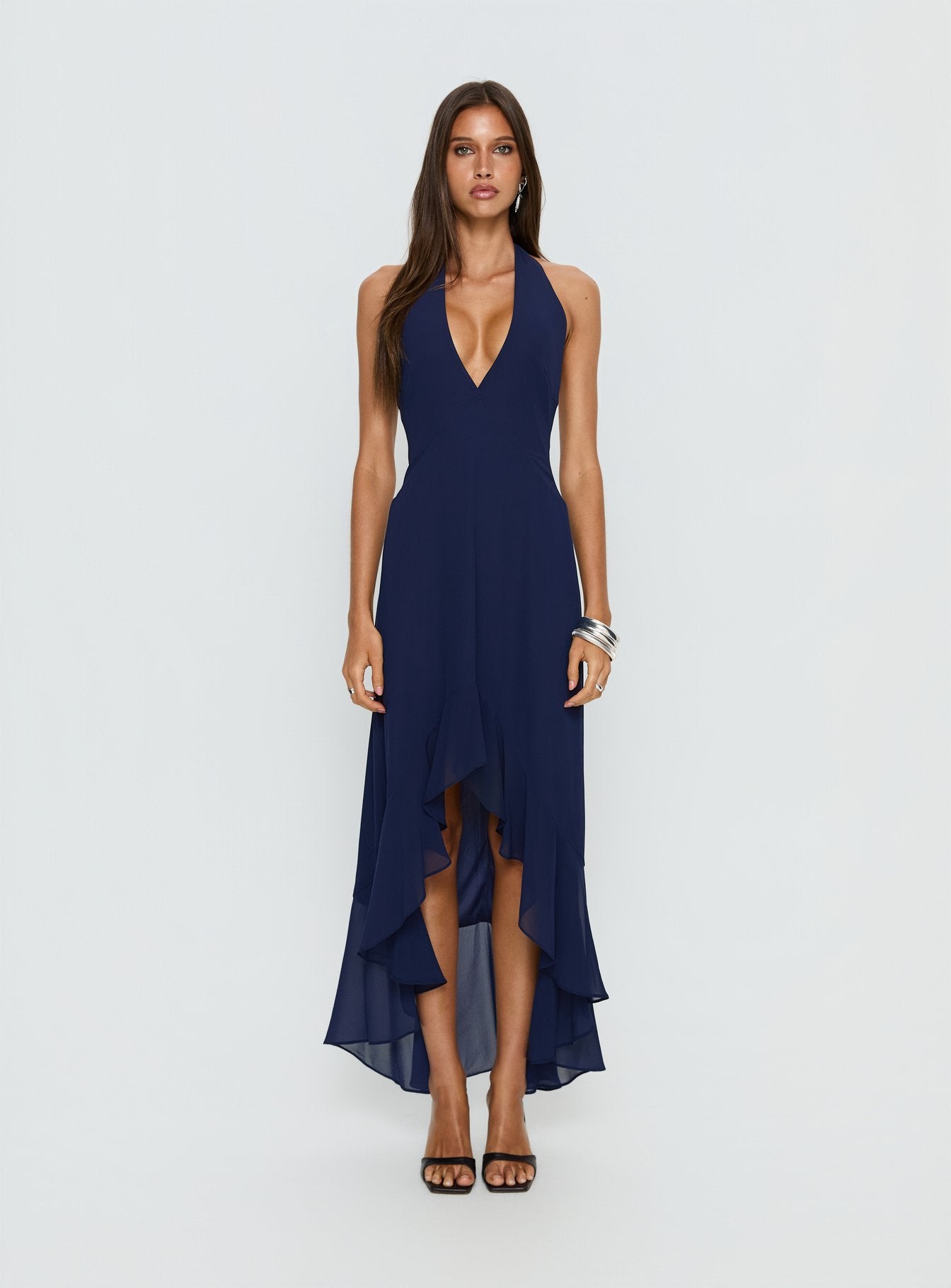 Agata Halter Frill Maxi Dress Navy | Princess Polly Agata Halter Frill Maxi Dress Navy | Princess Polly