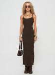 front view of model wearing Princess Polly Kattan Maxi Dress Chocolate Scoop Neck 