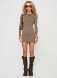 front view of model wearing Princess Polly Lex Long Sleeve Mini Dress Olive Crew Neck 