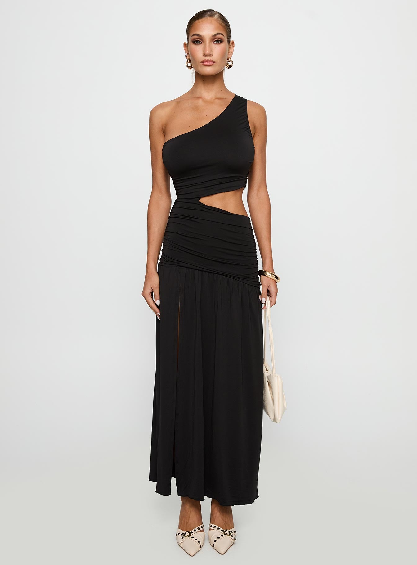 front view of model wearing Princess Polly Magnetize Ruched Maxi Dress Black Asymmetric Neckline 