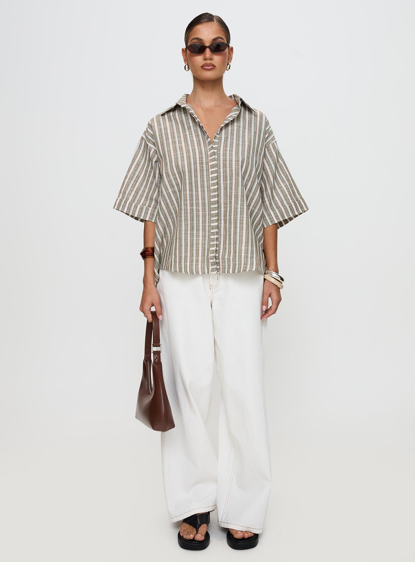 back view of model wearing Princess Polly Qualley Top Multi Half Sleeves V-Neck 