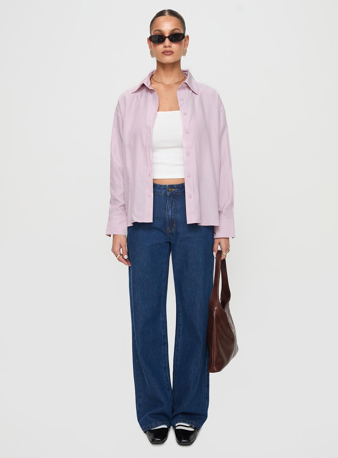 front view of model wearing Princess Polly Wild Promise Top Pink Stripe Full Sleeves V-Neck 