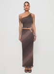 front view of model wearing Princess Polly Rios One Shoulder Top Brown Stripe Sleeveless Asymmetric Neckline 