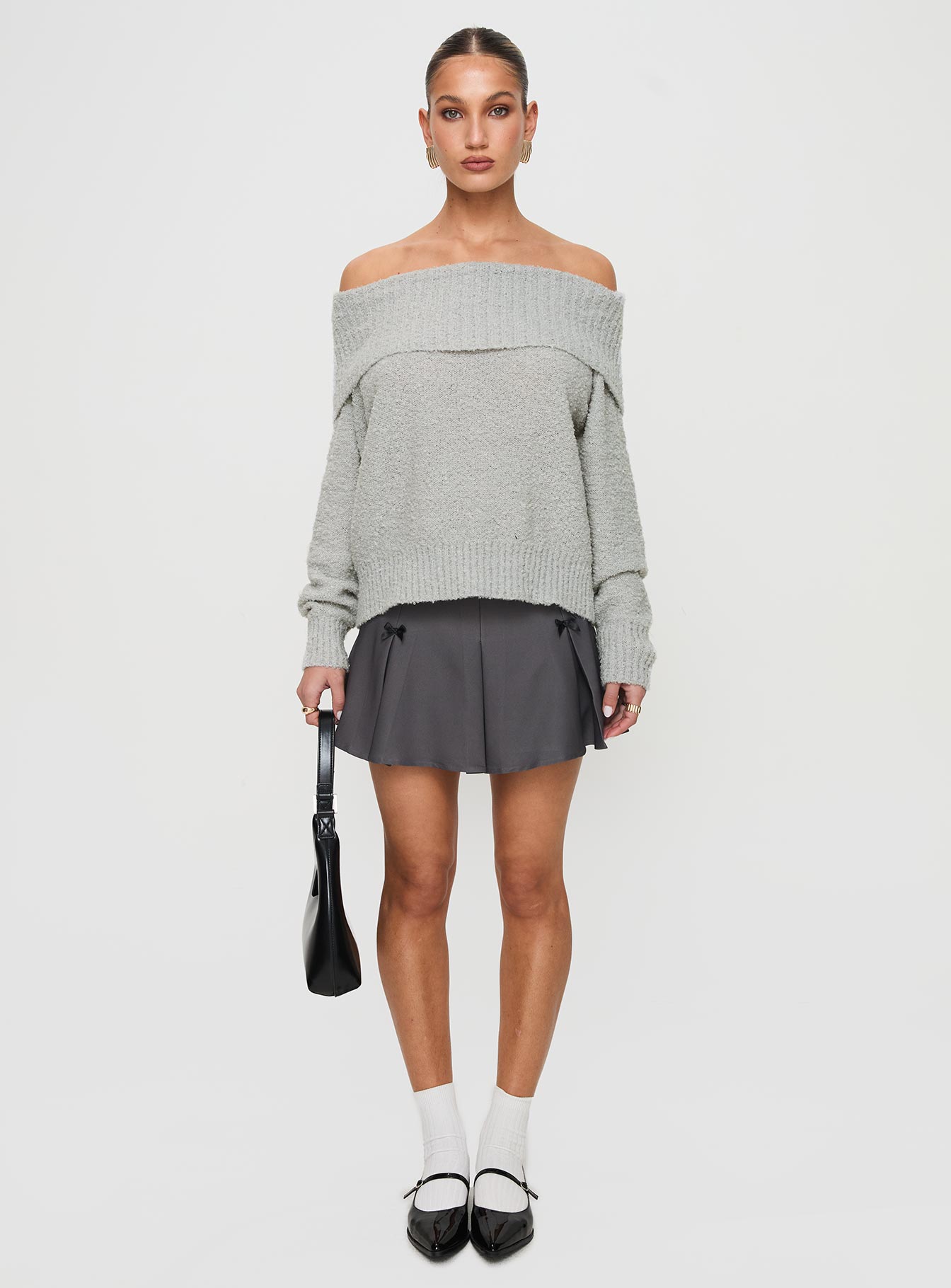 side view of model wearing Princess Polly Parkley Boucle Off The Shoulder Sweater Grey Marle 
