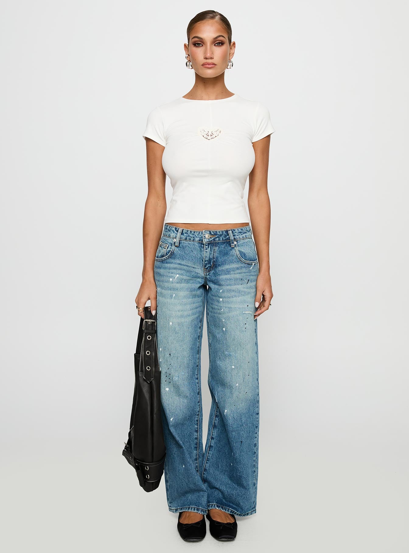 side view of model wearing Princess Polly We Could Go Lace Detail Top White Short Sleeves Crew Neck 