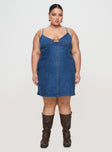 front view of model wearing Princess Polly Arwen Denim Mini Dress Blue Curve Plunger 