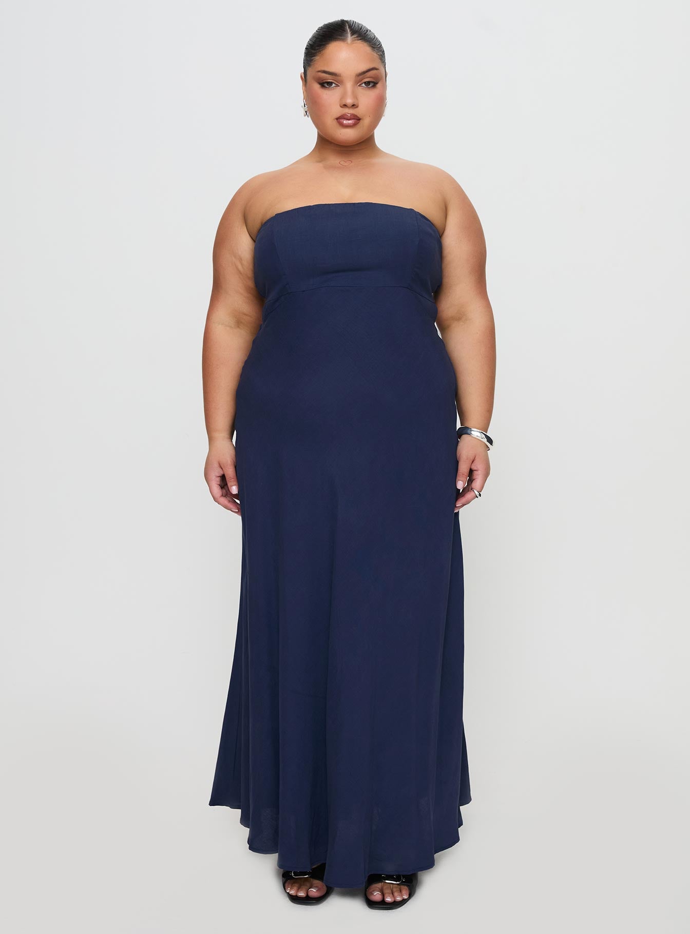 front view of model wearing Princess Polly Yahir Strapless Maxi Dress Navy Curve Straight Neck 