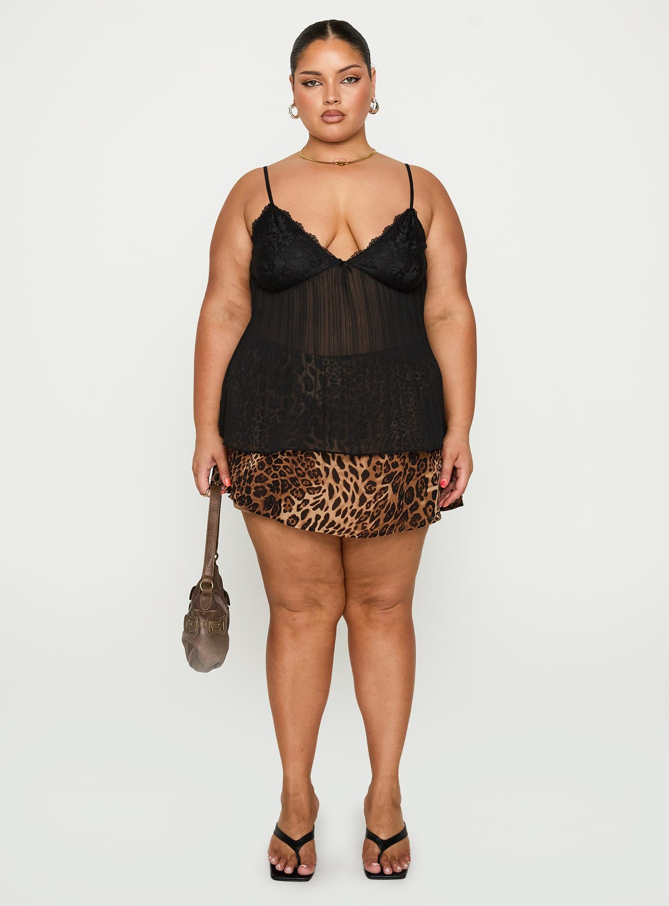 front view of model wearing Princess Polly Zami Pleat Top Black Curve Sleeveless Plunger 