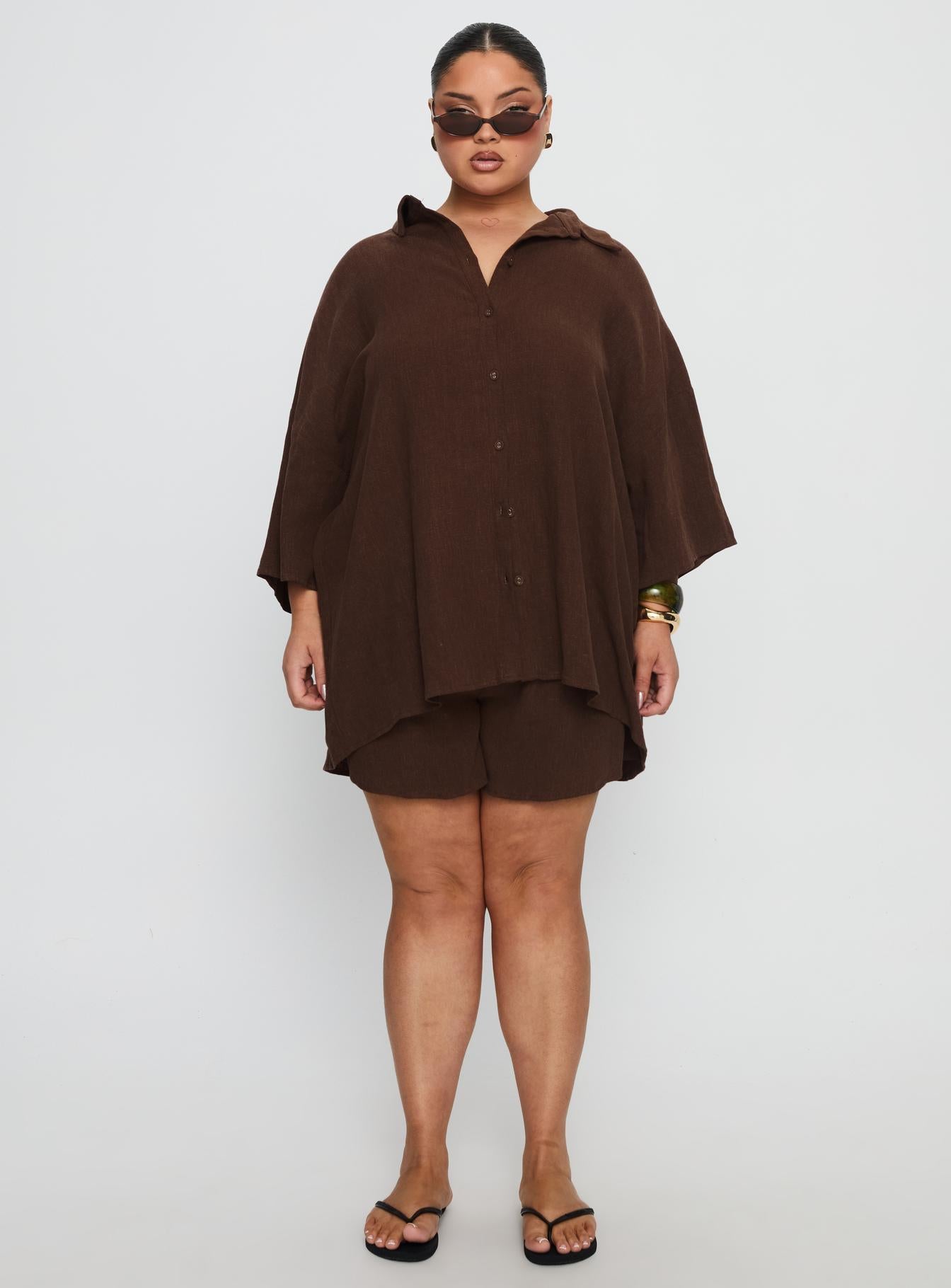 Peni Linen Button Down Top Chocolate Curve