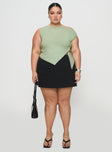 front view of model wearing Princess Polly Karre Off The Shoulder Top Sage Curve Short Sleeves Asymmetric Neckline 