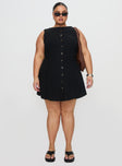 front view of model wearing Princess Polly Dollie Linen Mini Dress Black Curve High Neck 