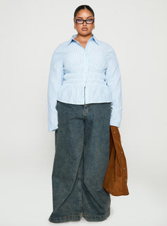 front view of model wearing Princess Polly Liesel Shirred Long Sleeve Top Stripe Curve Full Sleeves V-Neck 