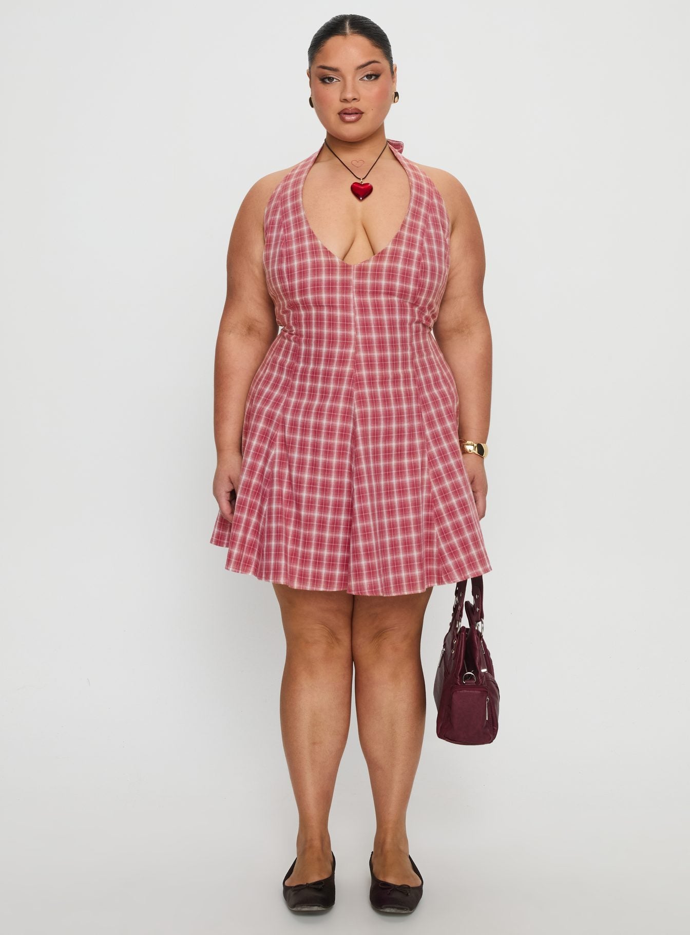 Out Of Nowhere Halter Mini Dress Red Check Curve | Princess Polly