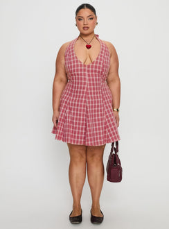 Out Of Nowhere Halter Mini Dress Red Check Curve