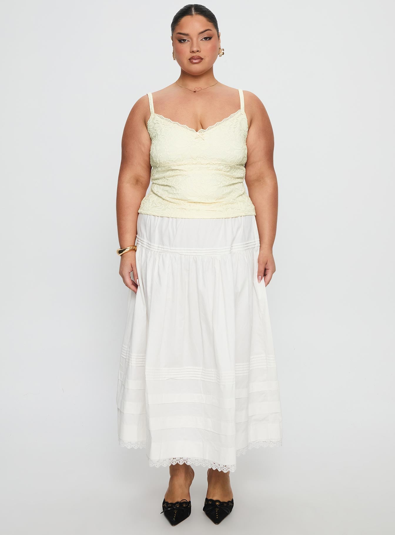   front view of model wearing Princess Polly Calling For You Flowy Maxi Skirt White Curve Maxi Skirts 
