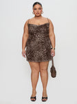 side view of model wearing Princess Polly Sugar Mini Dress Leopard Curve Cowl Neck 