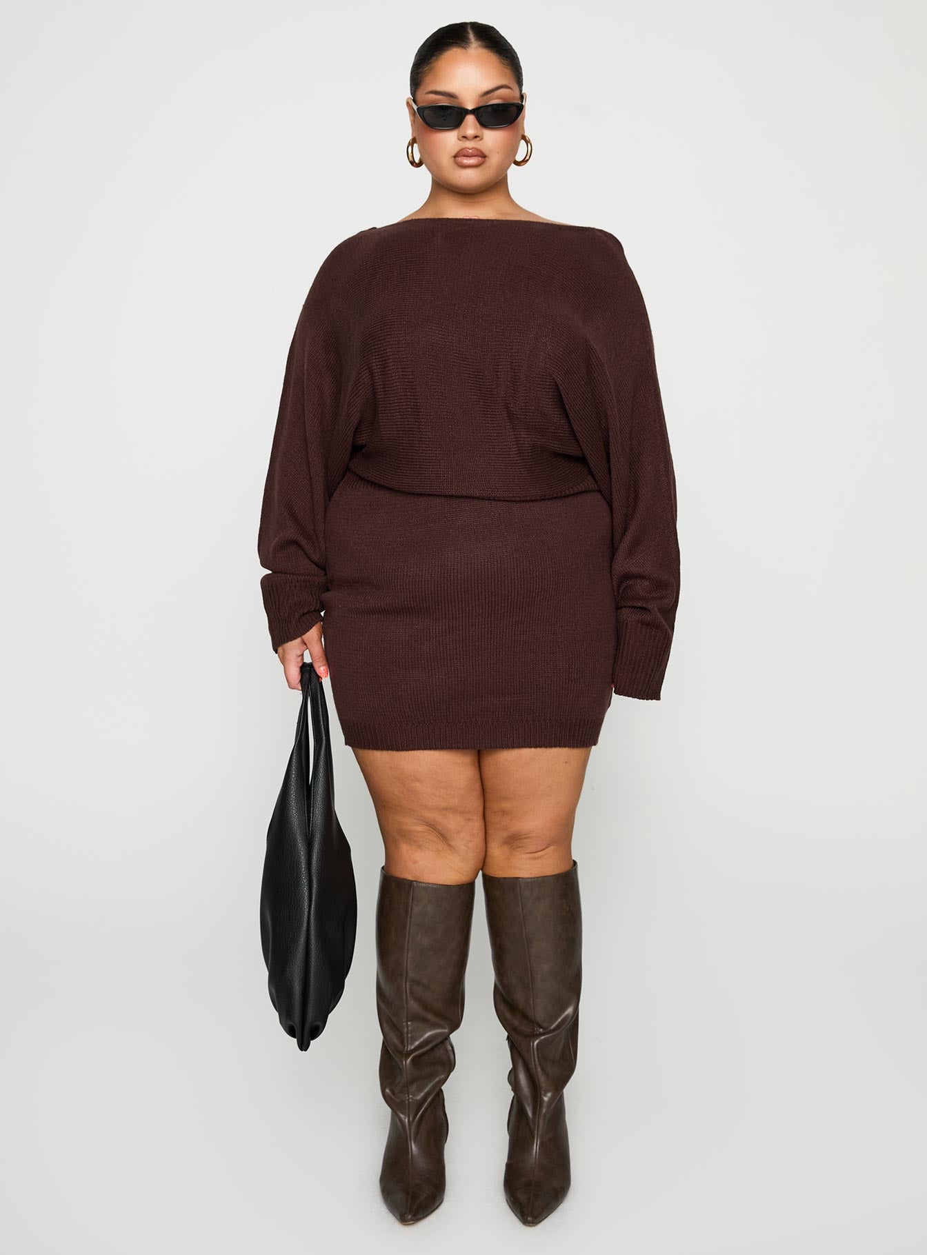 side view of model wearing Princess Polly Bellamie Long Sleeve Mini Dress Chocolate Curve Boat Neck 