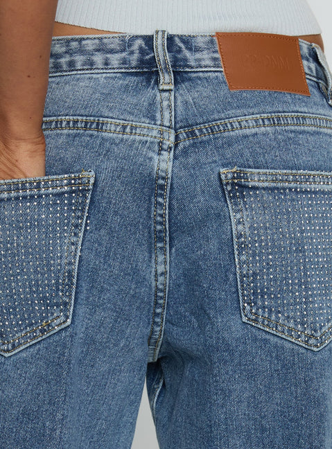 product Princess Polly Ramos Diamante Low Rise Wide Leg Jeans Washed Mid Blue Low Rise Jeans 