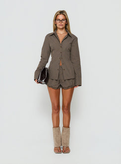 Amorah Cinched Longline Shirt Brown Check