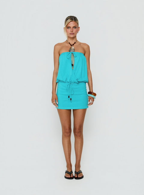 Upper Echelon Draped Strapless Mini Dress Cyan