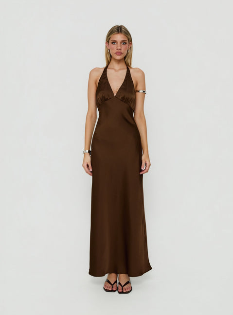 Adamaria Plunge Halter Lace Trim Maxi Dress Chocolate