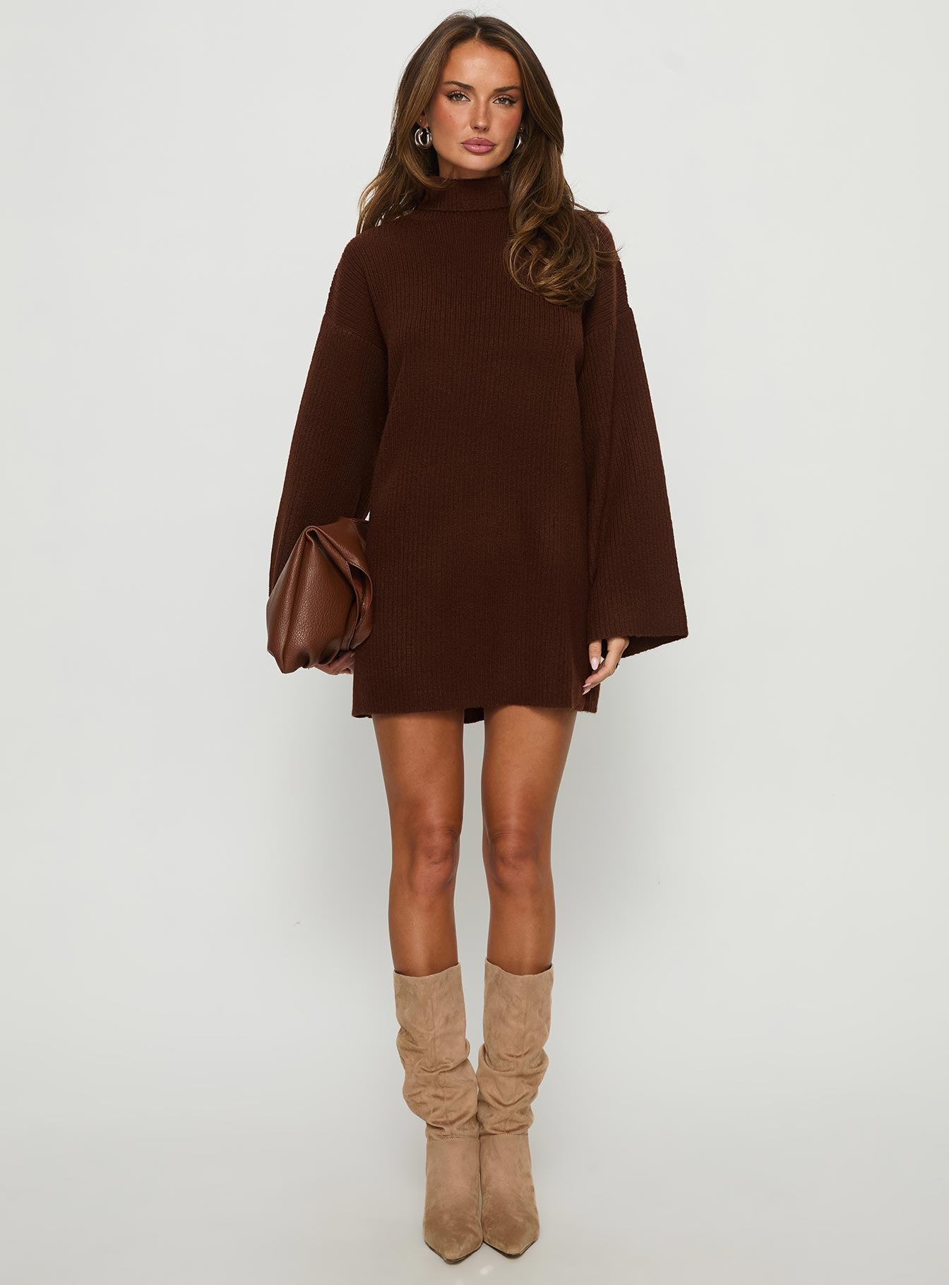 Princess Polly Women's Sonelle Long Sleeve Knit Minidress - Brown - Mini dresses Princess Polly Women's Sonelle Long Sleeve Knit Minidress - Brown - Mini dresses
